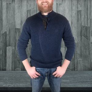 Chaps navy blue sweater w/ 1/4 button up. Patches